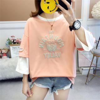 Mock Two-piece Elbow-sleeve Mountain Print T-shirt