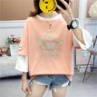Mock Two-piece Elbow-sleeve Mountain Print T-shirt
