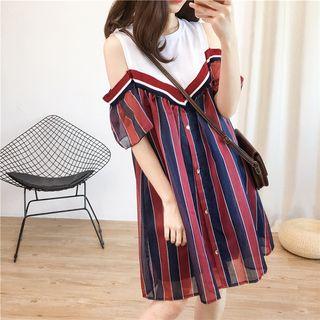 Patchwork Off-shoulder Striped A-line Dress