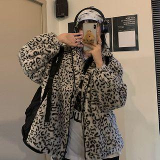 Long-sleeve Leopard Pattern Fleece Zip Cardigan As Shown As Figure - One Size