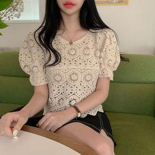 Puff-sleeve Crochet Knit Cropped Top Almond - One Size