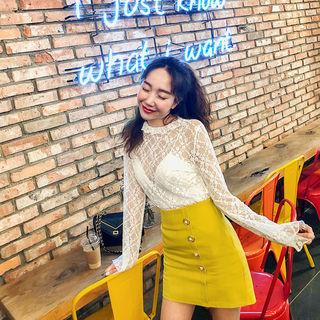 Frill-neck See-through Lace Top