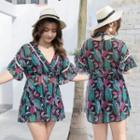 Set: Print Bikini Top + Swim Skirt + V-neck Print Cover-up