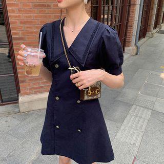 Collared Double-breasted Puff-sleeve Mini A-line Dress
