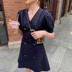 Collared Double-breasted Puff-sleeve Mini A-line Dress