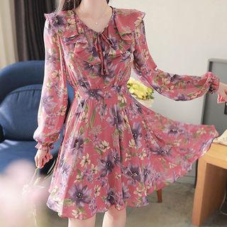 Ruffle-collar Tie-waist Floral Chiffon Dress Purple - One Size