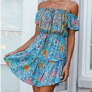 Off-shoulder Short-sleeve Floral Mini A-line Dress