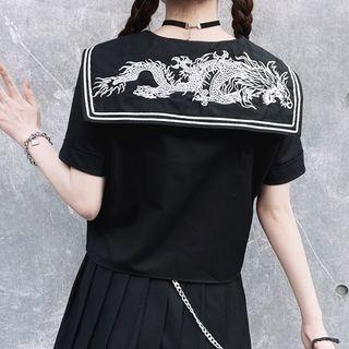 Dragon Embroidered Sailor Collar Shirt / Midi A-line Skirt / Set