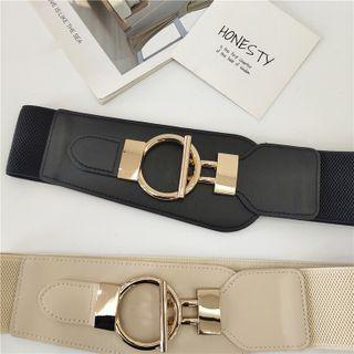 Faux Leather Elastic Band Panel Round Buckled Wide Belt