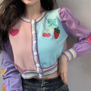 Long-sleeve Embroidered Color-block Knit Cardigan Cardigan - One Size