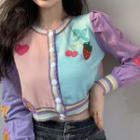 Long-sleeve Embroidered Color-block Knit Cardigan Cardigan - One Size