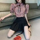 Mandarin Collar Puff-sleeve Plaid Cropped Blouse / Mini A-line Pleated Skirt