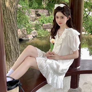 Puff-sleeve Lace-up Ruffled Dress