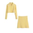 Houndstooth Collar Cardigan / Mini A-line Skirt / Set