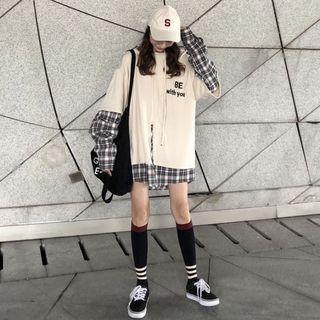 Plaid Mock Two Piece Hoodie As Shown In Figure - One Size
