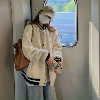 Letter Embroidered Fleece Baseball Jacket Off-white - One Size