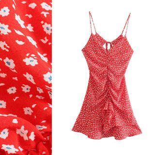 Spaghetti Strap Floral Print Ruched Mini Mermaid Dress