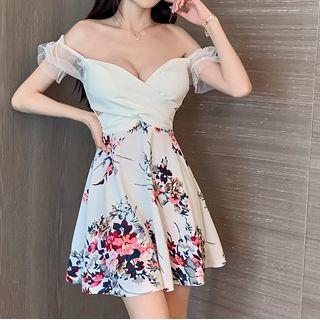 Short-sleeve Mesh Panel Floral Print Mini A-line Dress