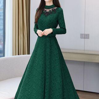 Long-sleeve Floral Embroidered Panel Midi A-line Dress