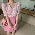 Short-sleeve Floral Top / Asymmetrical Hem Mini Skirt