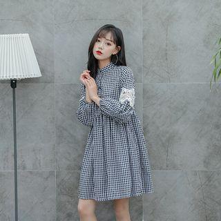 Lace Panel Gingham Long Sleeve Dress