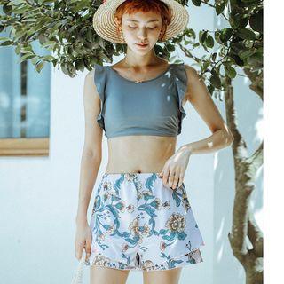 Set: Tankini Top + Floral Print Shorts + Bottom