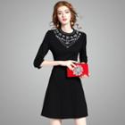 3/4-sleeve Embellished-neckline A-line Dress