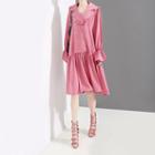 Long-sleeve Pleated Coat Dress Pink - One Size