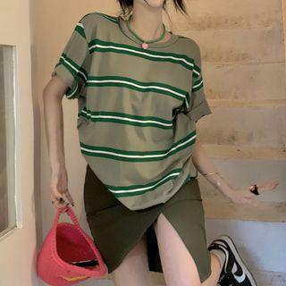 Elbow-sleeve Striped T-shirt Dark Green Stripes - Gray - One Size