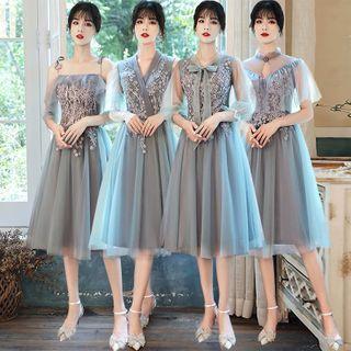 Embroidered Midi A-line Bridesmaid Dress