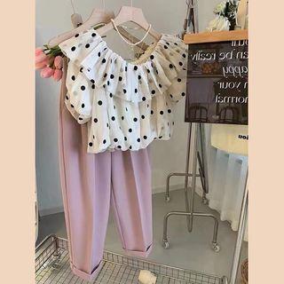 Puff-sleeve Ruffled Dotted Blouse / Straight Leg Dress Pants / Set