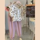 Puff-sleeve Ruffled Dotted Blouse / Straight Leg Dress Pants / Set
