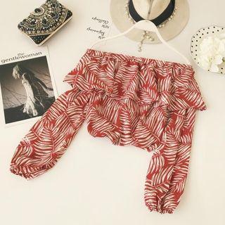 Leaf Print Off Shoulder Chiffon Blouse