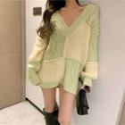 Cable-knit Two-tone Sweater Beige & Green - One Size