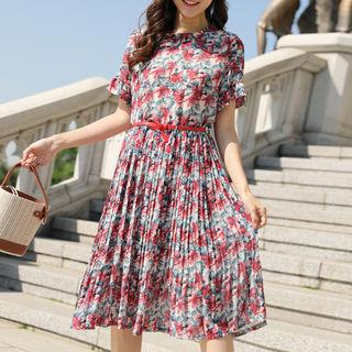 Pleated-hem Floral Print Dress With Belt