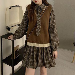 Long-sleeve Plaid Mini A-line Shirtdress / Tie / Sweater Vest / Set
