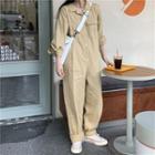 Collared Long-sleeve Jumpsuit Khaki - One Size