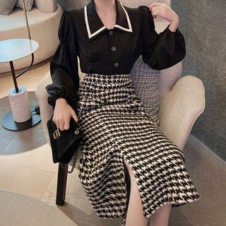 Set: Puff-sleeve Shirt + Houndstooth Midi Skirt