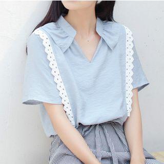 Lace Trim Short Sleeve Chiffon Shirt