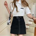 Short-sleeve Cargo Shirt / Buckled A-line Mini Skirt
