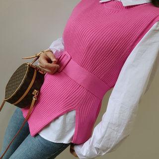 Set: Plain Cotton Shirt + Ribbed Knit Vest With Belt