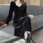 Velvet V-neck Dress Black - One Size