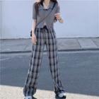 Short-sleeve Zip Polo Shirt / Plaid Straight Fit Pants