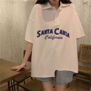 Elbow-sleeve Lettering Oversize Polo Shirt