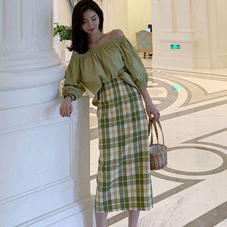 3/4-sleeve Off Shoulder Top / Plaid Midi Pencil Skirt