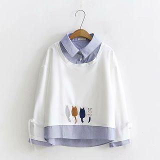 Mock Two-piece Long-sleeve Sweatshirt White - One Size