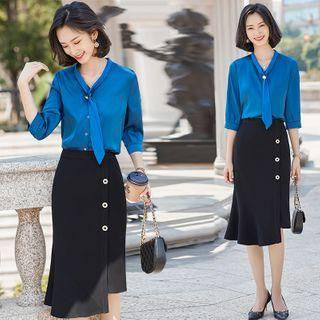 3/4-sleeve Plain Blouse / Dress Pants / Midi Pencil Skirt / Set