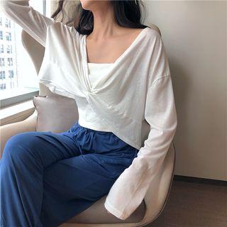 Long-sleeve Twisted Knit Top / Drawstring Plain Wide-leg Pants
