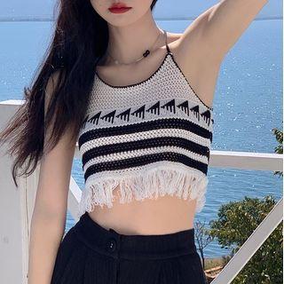 Halter-neck Printed Tassel Trim Crop Knit Top