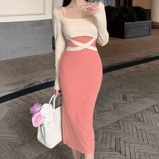 Set: Spaghetti Strap Midi Bodycon Dress + Tie-strap Crop Top
